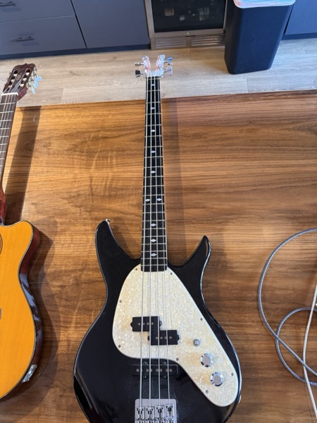 Black electric bass, pearloid pickguard
