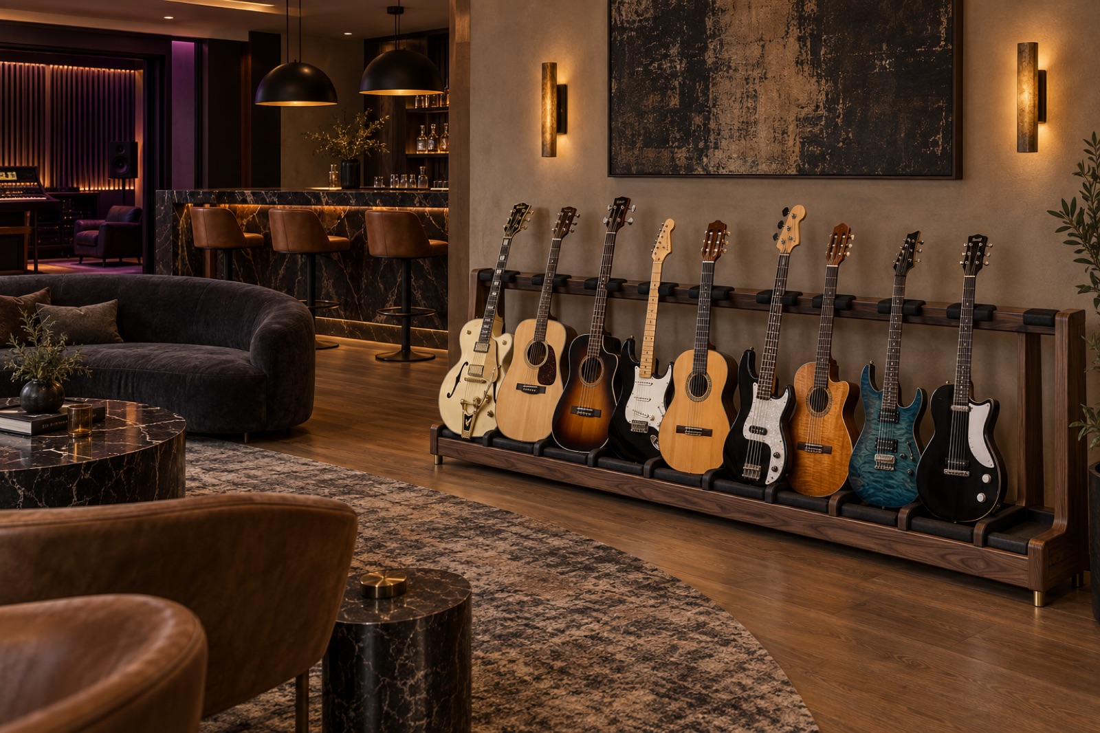 Buy now. Two walnut A&S stands under the art wall, all nine instruments at floor level.