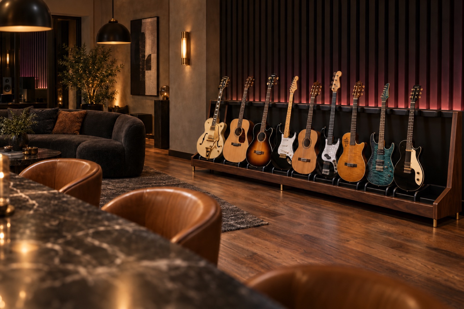 Buy now, second angle. The same pair of stands read from the bar side of the lounge.