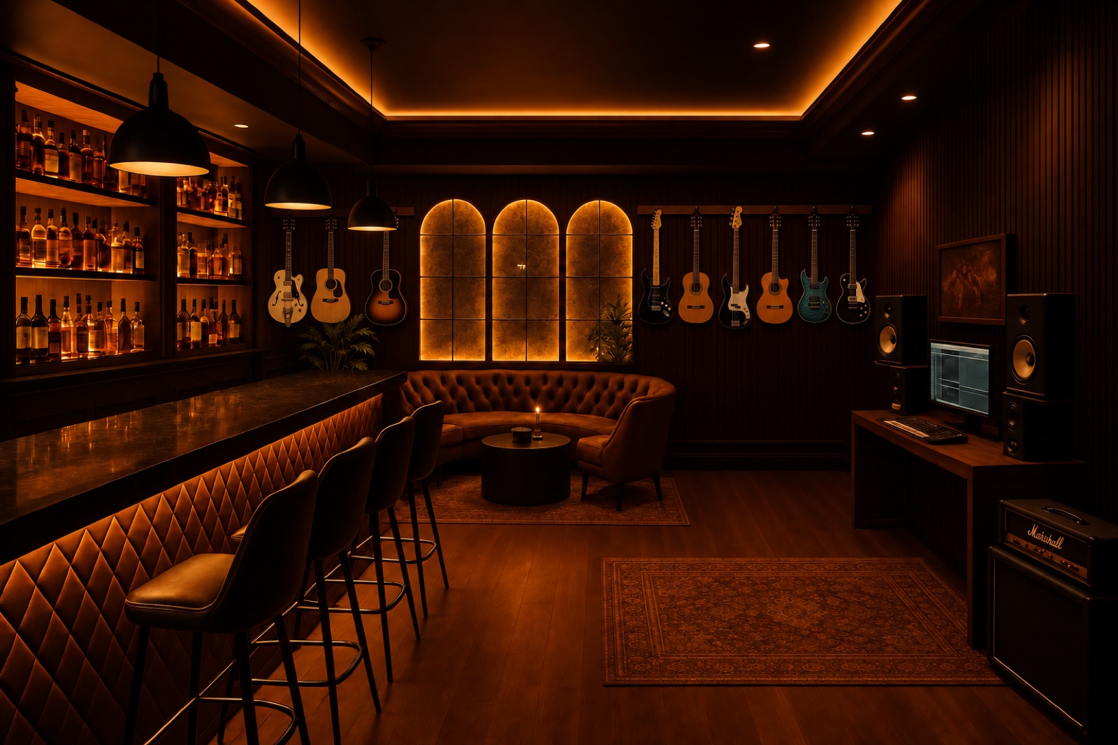 Back wall rail, nine beside the arches. 9 guitars. Keeps the vibe