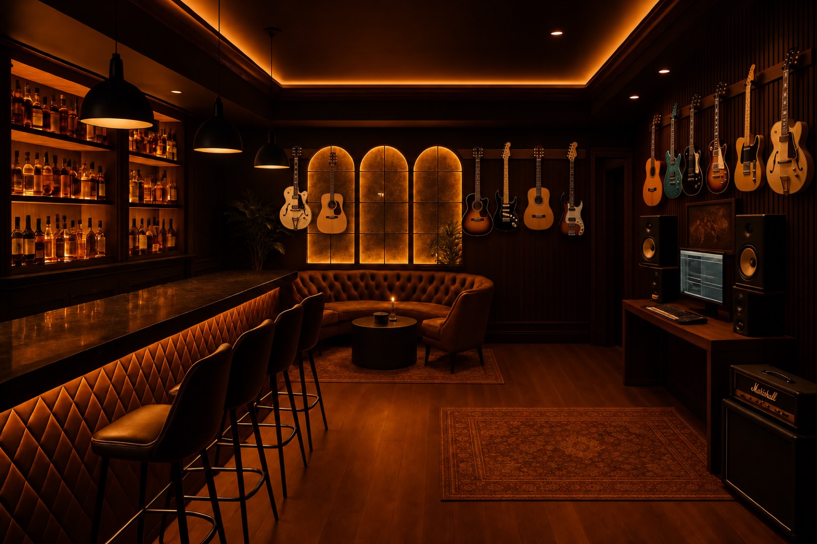 Split, six back wall and six slat wall. 12 guitars. Mostly keeps it