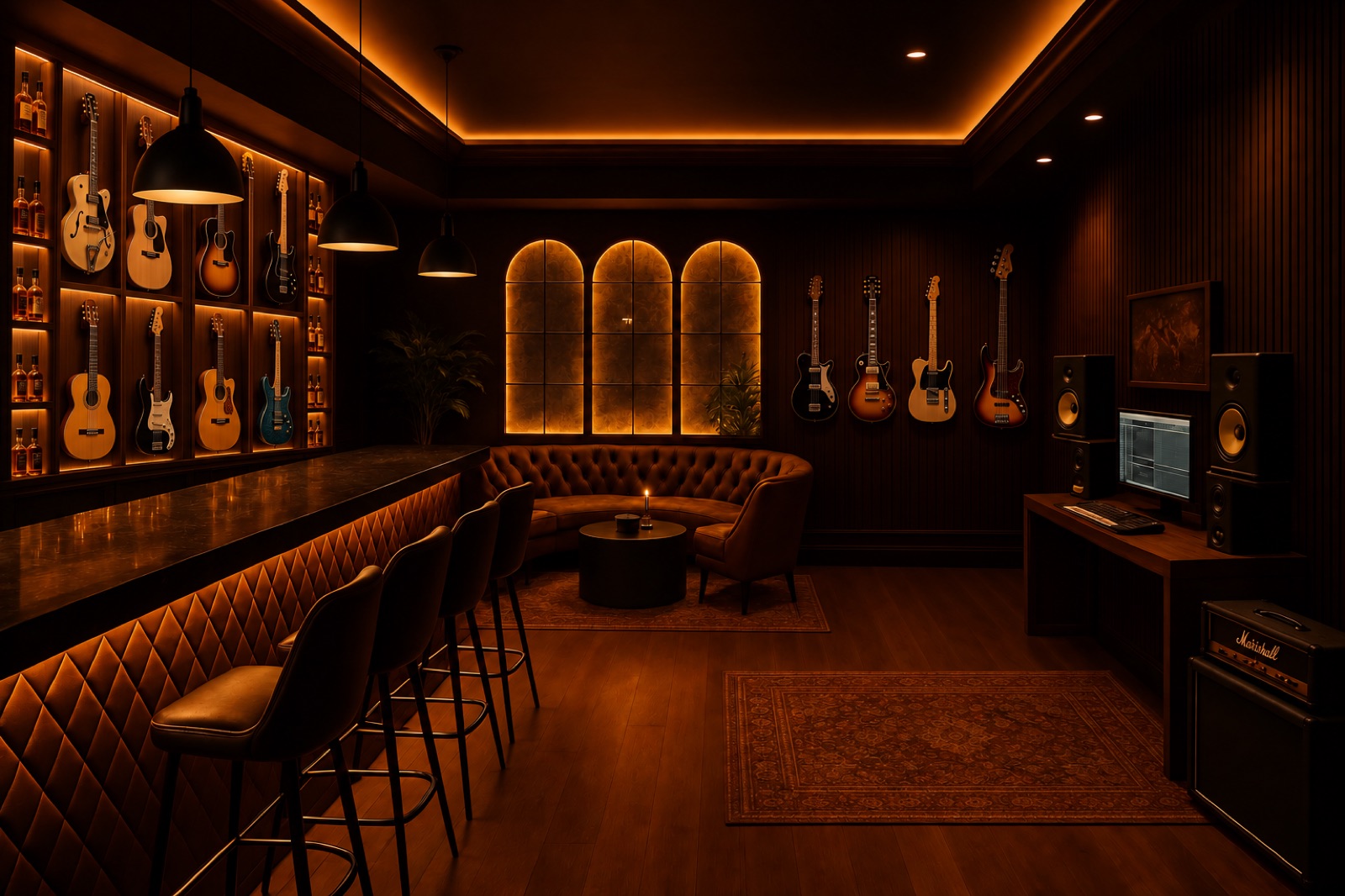 Back bar, guitars in the bottle shelves. 12 guitars. Costs the bottle wall