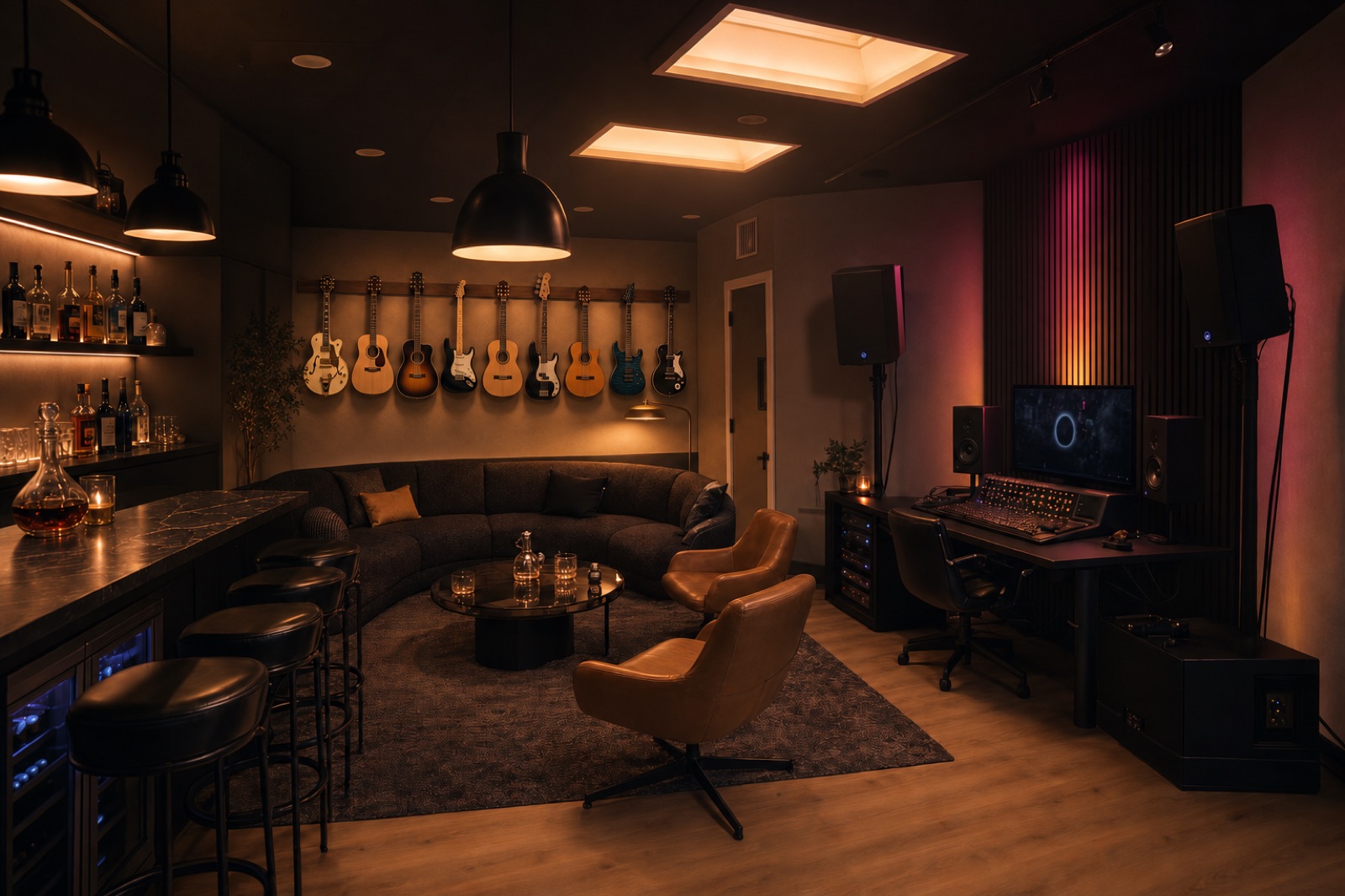 Back wall gallery, one row. 9 guitars. Keeps the vibe