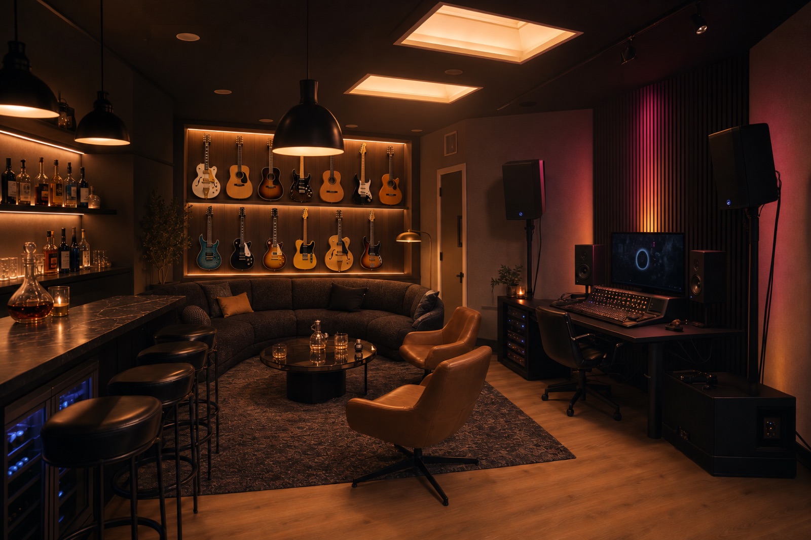 Recessed walnut niche, two rows. 13 guitars. Mostly keeps it