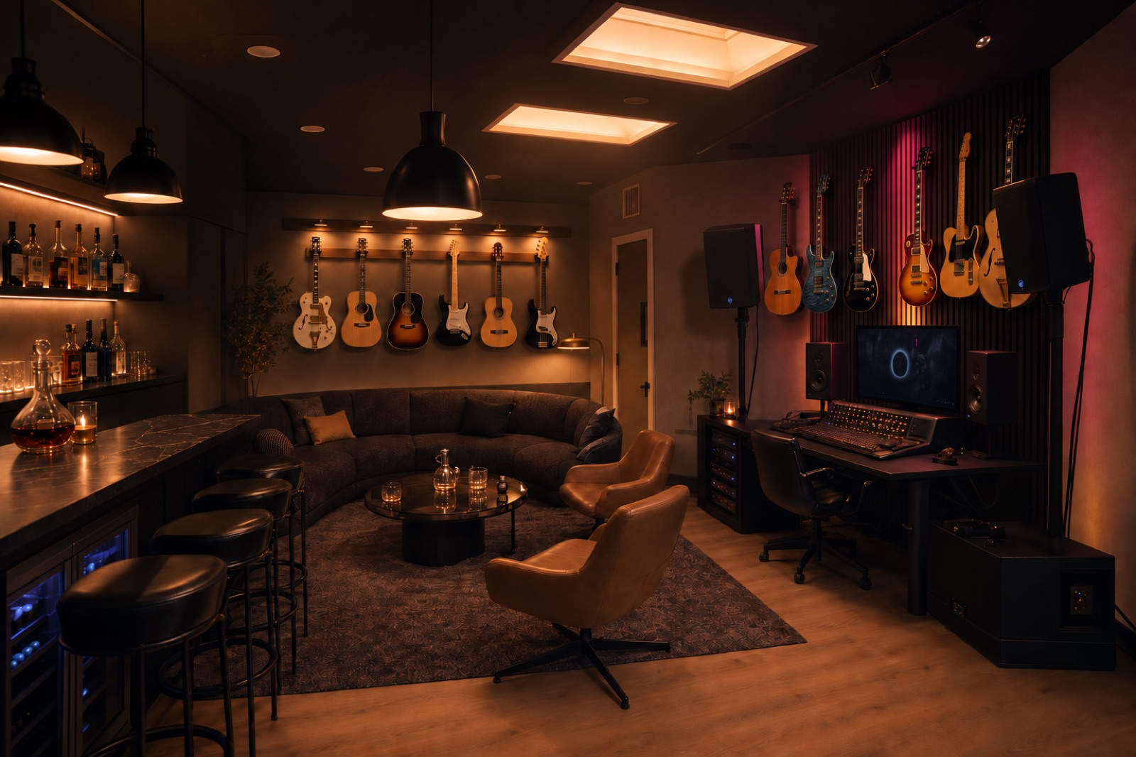 Split across both walls. 12 guitars. Mostly keeps it